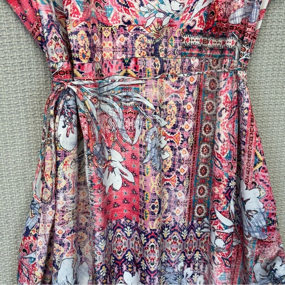 Karyn Seo Midi Boho Silky Dress Sz Med Pink Purple Floral Wedding Flutter Sleeve - Picture 3 of 8
